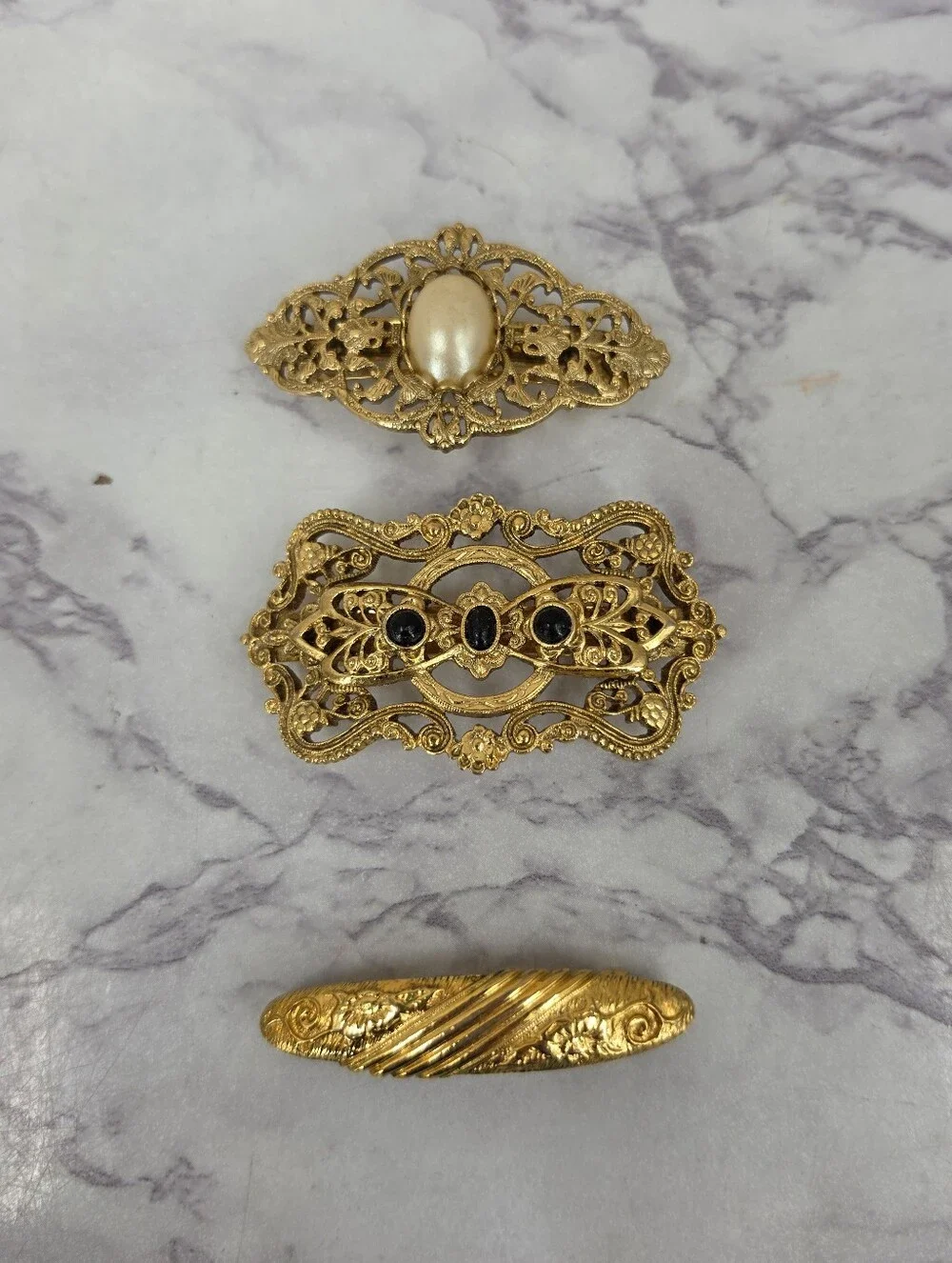 Vintage French Hair Barrettes Gold-Tone Vintage Floral Filigree Pearl Accent
